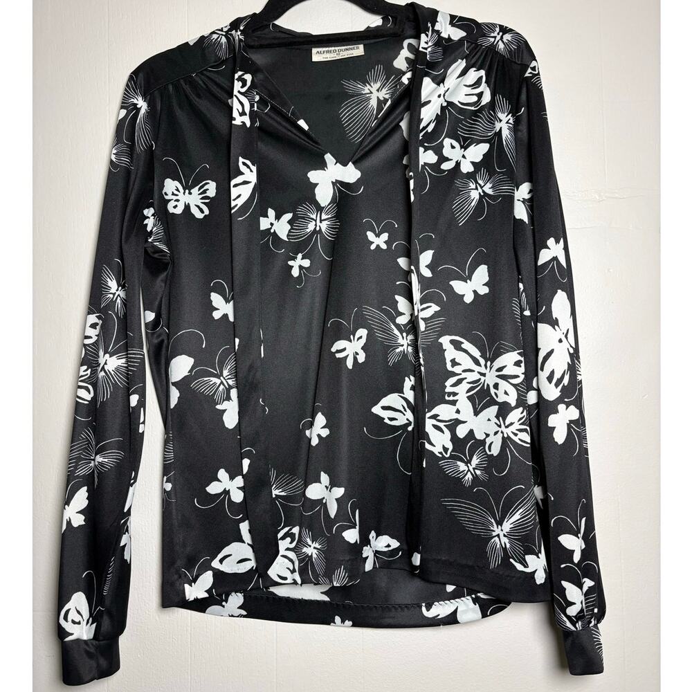 Alfred Dunner Vintage Sz 10 Black White Butterfly Cuff Long Sleeve Tie Neck Top